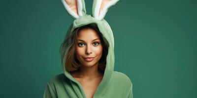 magnifique Jeune femme dans une lapin costume sur une vert Contexte avec espace pour fond ,génératif ai. photo