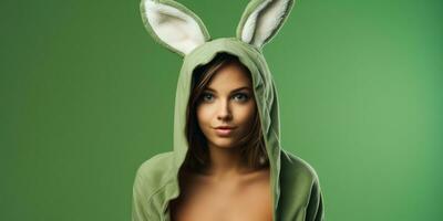 magnifique Jeune femme dans une lapin costume sur une vert Contexte avec espace pour fond ,génératif ai. photo