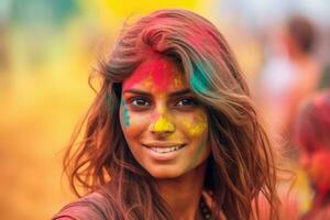 magnifique femme à Holi Festival avec coloré peindre sur affronter, génératif ai photo