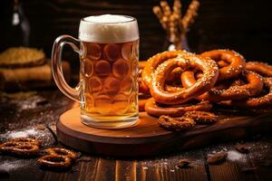 Bière et salé bretzels sur en bois Contexte établi ,génératif ai photo