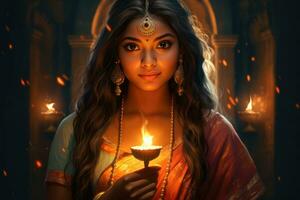 magnifique Indien fille, en portant diwali bougie, hindou Festival de lumière. génératif ai photo