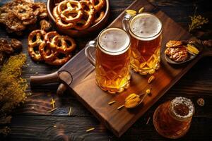 Bière et salé bretzels sur en bois Contexte établi ,génératif ai photo