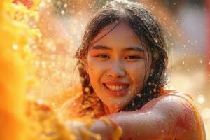 Jeune adulte femme est sur vacances Songkran l'eau Festival Thaïlande,génératif ai photo