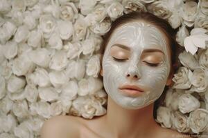 femme dans masque sur visage dans spa beauté salon brin serrer peau ,génératif ai. photo