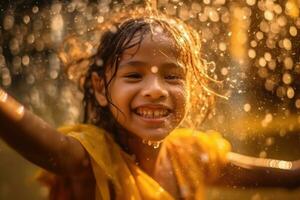 une enfant fille magnifique est sur vacances Songkran l'eau Festival Thaïlande,génératif ai photo