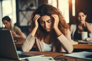 une femme d'affaires cherchant mental le soulagement dans Bureau espace ,génératif ai. photo