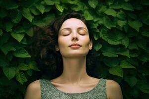 proche en haut visage femme avec yeux fermé sur Contexte de vert feuilles mur., détendu et confiant, génératif ai. photo