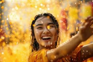 Jeune adulte femme est sur vacances Songkran l'eau Festival Thaïlande,génératif ai photo