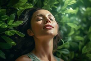 proche en haut visage femme avec yeux fermé sur Contexte de vert feuilles mur., détendu et confiant, génératif ai. photo