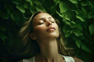 proche en haut visage femme avec yeux fermé sur Contexte de vert feuilles mur., détendu et confiant, génératif ai. photo