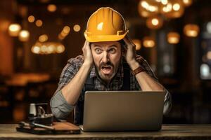 une ingénieur homme stressé , malheureux triste , Contexte à travail site , génératif ai. photo