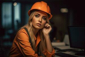 une ingénieur femme stressé , malheureux triste , Contexte à travail site , génératif ai. photo