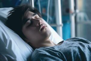 une Jeune homme patient en train de dormir sur lit dans hôpital salle. santé se soucier ,génératif ai. photo