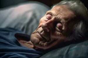 vieux ans homme patient en train de dormir sur lit dans hôpital salle. santé se soucier ,génératif ai. photo