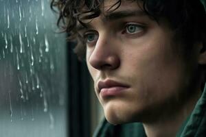 une Jeune homme triste de asseoir sur le bord le fenêtre avec gouttes de pluie sur le verre fenêtre sur une pluvieux journée ,génératif ai. photo
