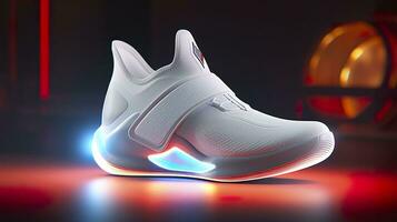 futuriste mode original baskets. futur conception de élégant des sports des chaussures avec néon briller, futuriste Urbain esthétique. tenue de sport, style et mode, demain chaussure. ai génératif photo