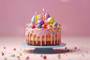 coloré anniversaire gâteau sur pastel Contexte. sucré et délicieux content anniversaire gâteau, copie espace. fête concept. ai génératif photo