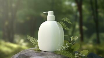 Naturel cosmétique produit présentation coulisses. en plein air forêt placement. blanc Vide pot shampooing bouteille. 3d. ai génératif photo