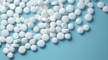 Haut vue blanc médicament comprimés antibiotique pilules sur une doux bleu arrière-plan, copie espace, pharmacie thème, ai génératif photo