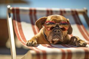 chien chiot portant des lunettes de soleil, mensonge sur une transat à bain de soleil à le plage mer sur été vacances, vacances. marrant concept. ai génératif photo