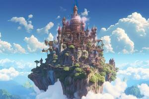ancien céleste flottant île dans le ciel avec une château, vibrant, fantastiquepunk, ai génératif photo