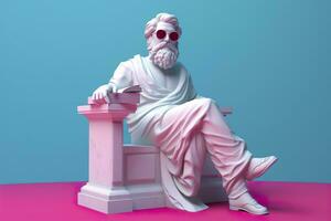 une blanc statue de Platon dans une cool pose, portant magenta et cyan 3d lunettes, prêt à faire la fête. ai génératif photo