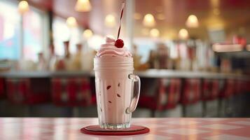 Cerise Milk-shake dans une classique américain le dîner. nourriture la photographie concept. génératif ai photo