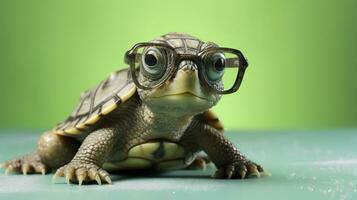 une mignonne peu vert tortue avec lunettes, produire ai photo