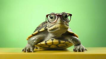 une mignonne peu vert tortue avec lunettes, produire ai photo