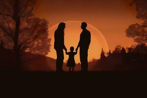 ombre de content famille ensemble, Parents avec leur peu bébé à le coucher du soleil. une silhouette de l'amour et unité. ai génératif photo