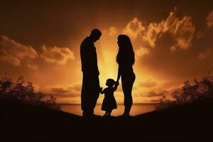 ombre de content famille ensemble, Parents avec leur peu bébé à le coucher du soleil. une silhouette de l'amour et unité. ai génératif photo