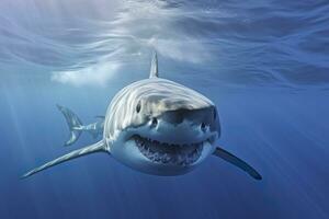 le Roi de le océan, le génial blanc Masculin requin chasseur sous-marin voir, guadalupe île, Mexique. ai génératif photo