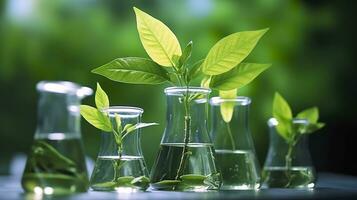 biotechnologie concept avec vert plante feuilles, laboratoire verrerie, et conduite recherche, illustrant le puissant combinaison de la nature et science dans médical avancées. ai génératif photo