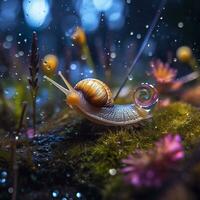 iridescent escargot dans une Fée forêt, proche en haut de une chatoyant coquille. ai génératif photo