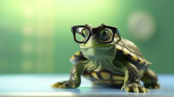 une mignonne peu vert tortue avec lunettes, produire ai photo