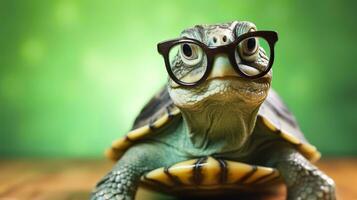 une mignonne peu vert tortue avec lunettes, produire ai photo