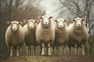 une groupe de mouton permanent en plein air. génératif ai photo