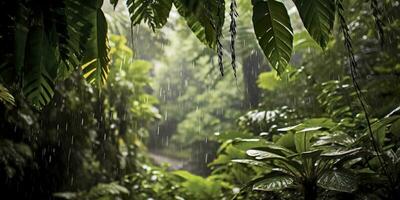 pluie chutes dans une forêt tropicale avec le pluie gouttes. génératif ai photo