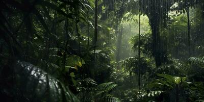 pluie chutes dans une forêt tropicale avec le pluie gouttes. génératif ai photo