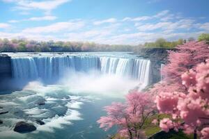 niagara chutes avec rose Cerise fleurs et bleu ciel dans printemps, magnifique printemps vues de niagara chutes, ai généré photo