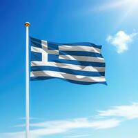 agitant drapeau de Grèce sur mât avec ciel Contexte. photo