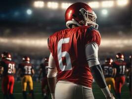 américain Football joueur portant dans uniforme sur toile de fond stade ai généré photo