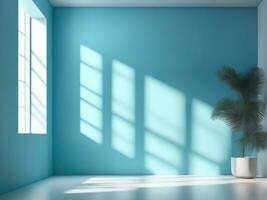 lumière bleu mur avec flou ombre de feuilles. minimal abstrait Contexte ai généré photo