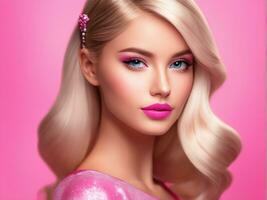 mignonne blond fille, poupée style dans mode rose robe, studio rose Contexte ai généré photo