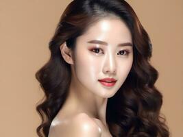 Jeune asiatique beauté femme avec coréen maquillage style. parfait peau sur isolé beige Contexte. ai généré photo