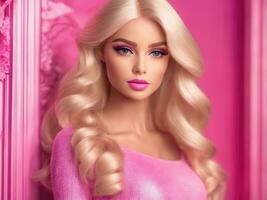 mignonne blond fille, poupée style dans mode rose robe, studio rose Contexte ai généré photo
