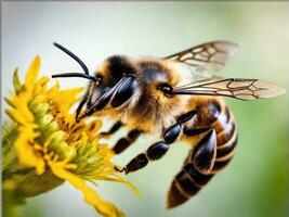 en volant mon chéri abeille collecte pollen à fleur. ai généré photo