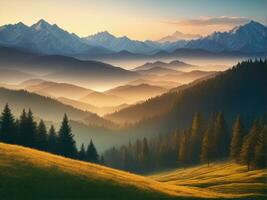 incroyable Montagne paysage avec coloré vif le coucher du soleil sur le nuageux ciel ai généré photo