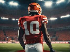 américain Football joueur portant dans uniforme sur toile de fond stade ai généré photo