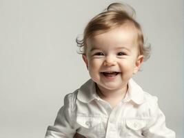 fermer portrait de marrant bébé avec en riant expression ai généré photo